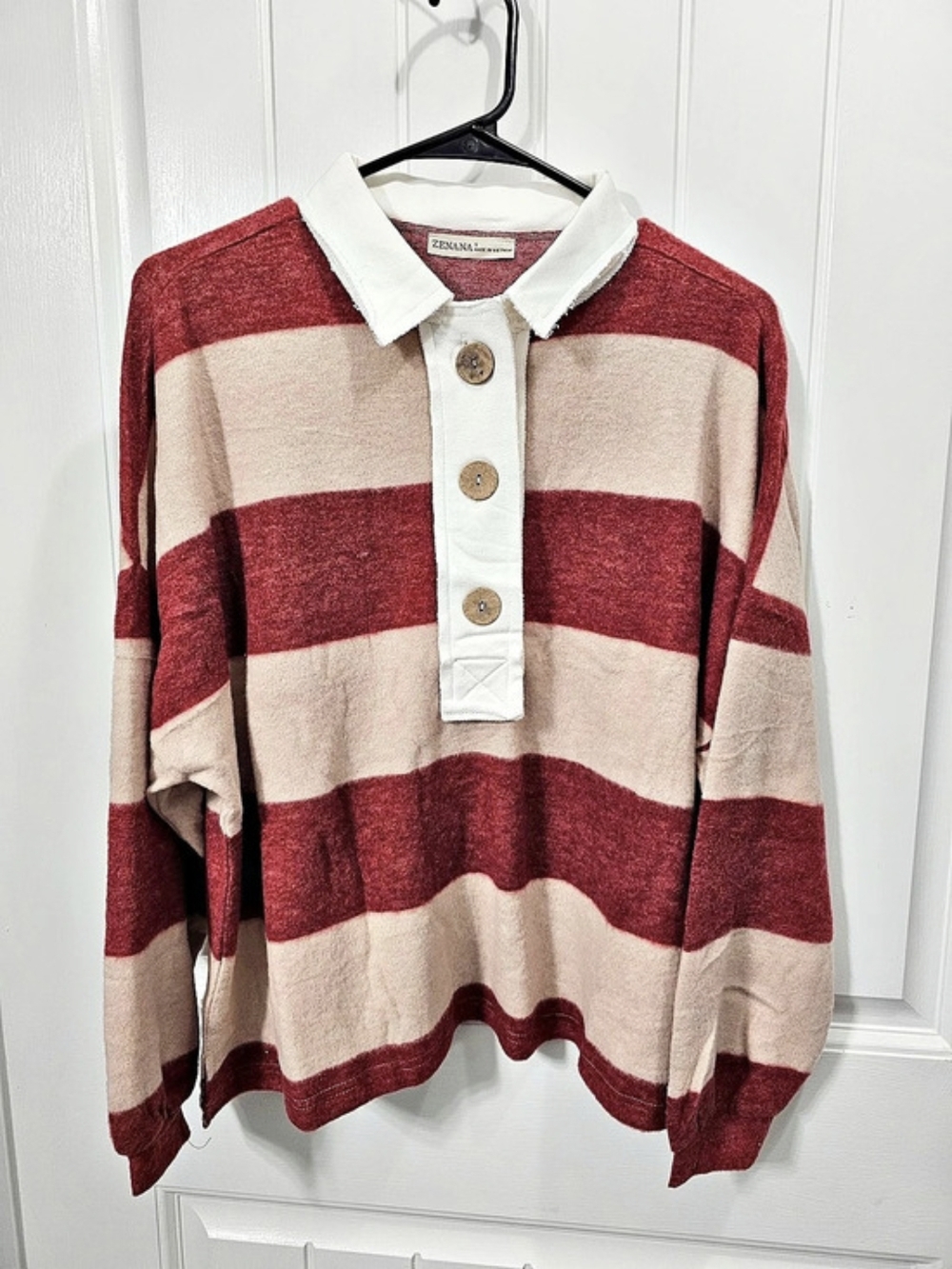 Zenana Striped Collared Sweater in Red & Cream New